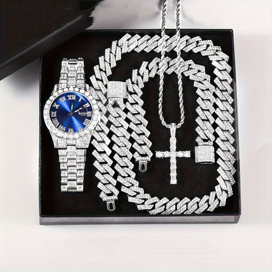 Diamond Luxury Steel Belt Quartz Watch Cuban Bracelet