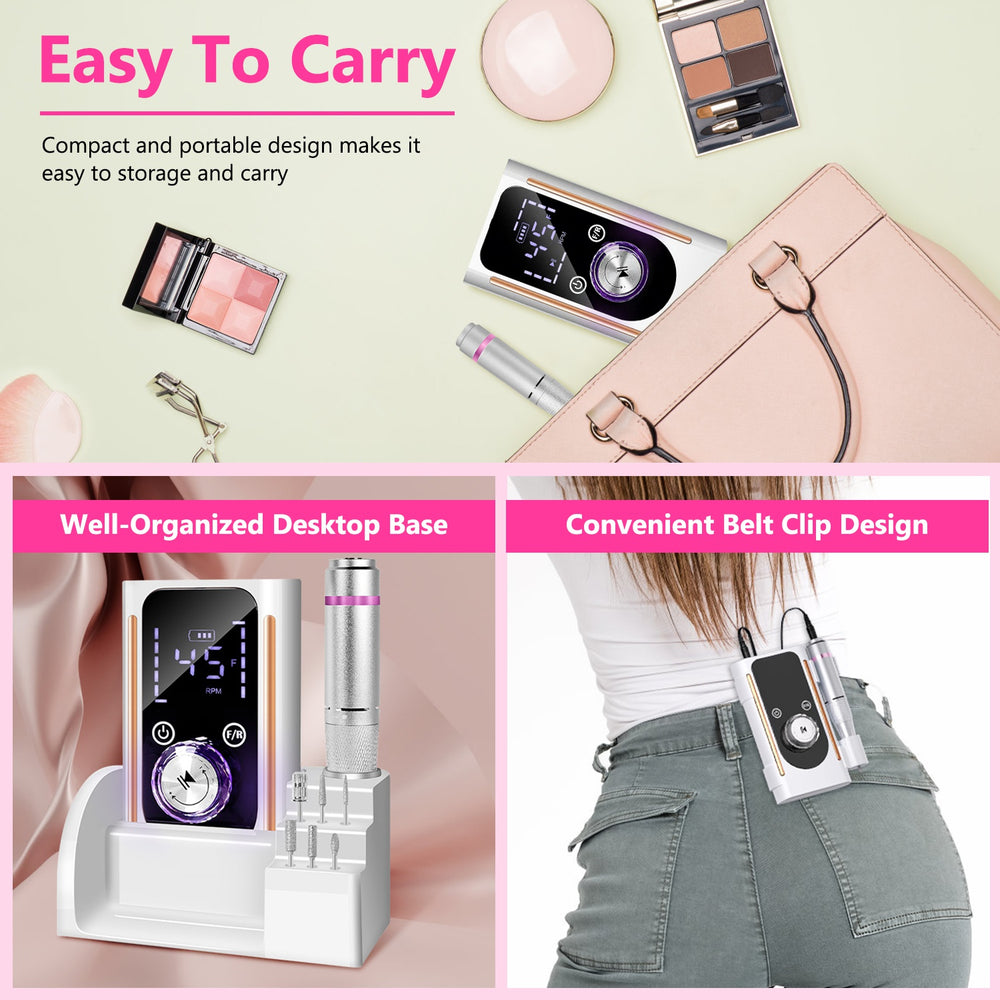 1 Set  Portable Electric Nail Drill Bit 45000 RPM With 11 Bits Base Waist Clip Cordless Rechargeable Nail File Machine For Professional Salon Home Acrylic Nails Remove Nail Gel Polish Manicure