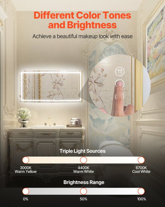 LED Bathroom Mirror 3 Colors Anti-fog Wall Mounted Vanity Mirror 36 X 72 In