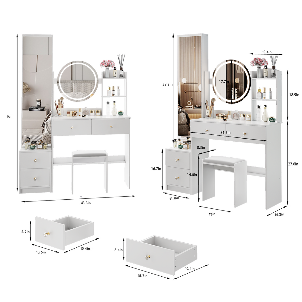 Full Body Mirror Cabinet   Round Mirror LED Vanity Table   Cushioned Stool, 17  Diameter LED Mirror, Touch Control, 3-color, Brightness Adjustable, Large Desktop, Multi-layer High Capacity Storage