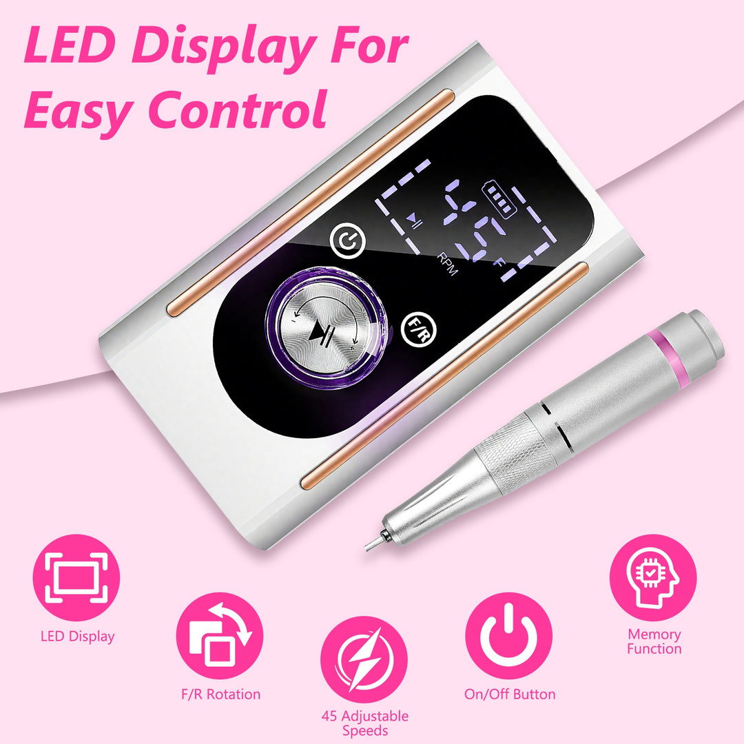 1 Set  Portable Electric Nail Drill Bit 45000 RPM With 11 Bits Base Waist Clip Cordless Rechargeable Nail File Machine For Professional Salon Home Acrylic Nails Remove Nail Gel Polish Manicure